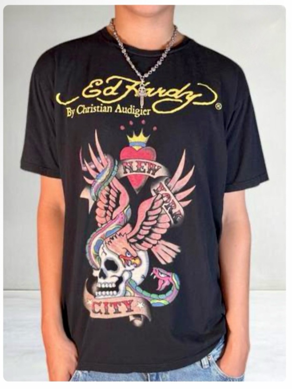 Y2K Christian Audigier Black Graphic New York City Winged Skull & Heart Tee